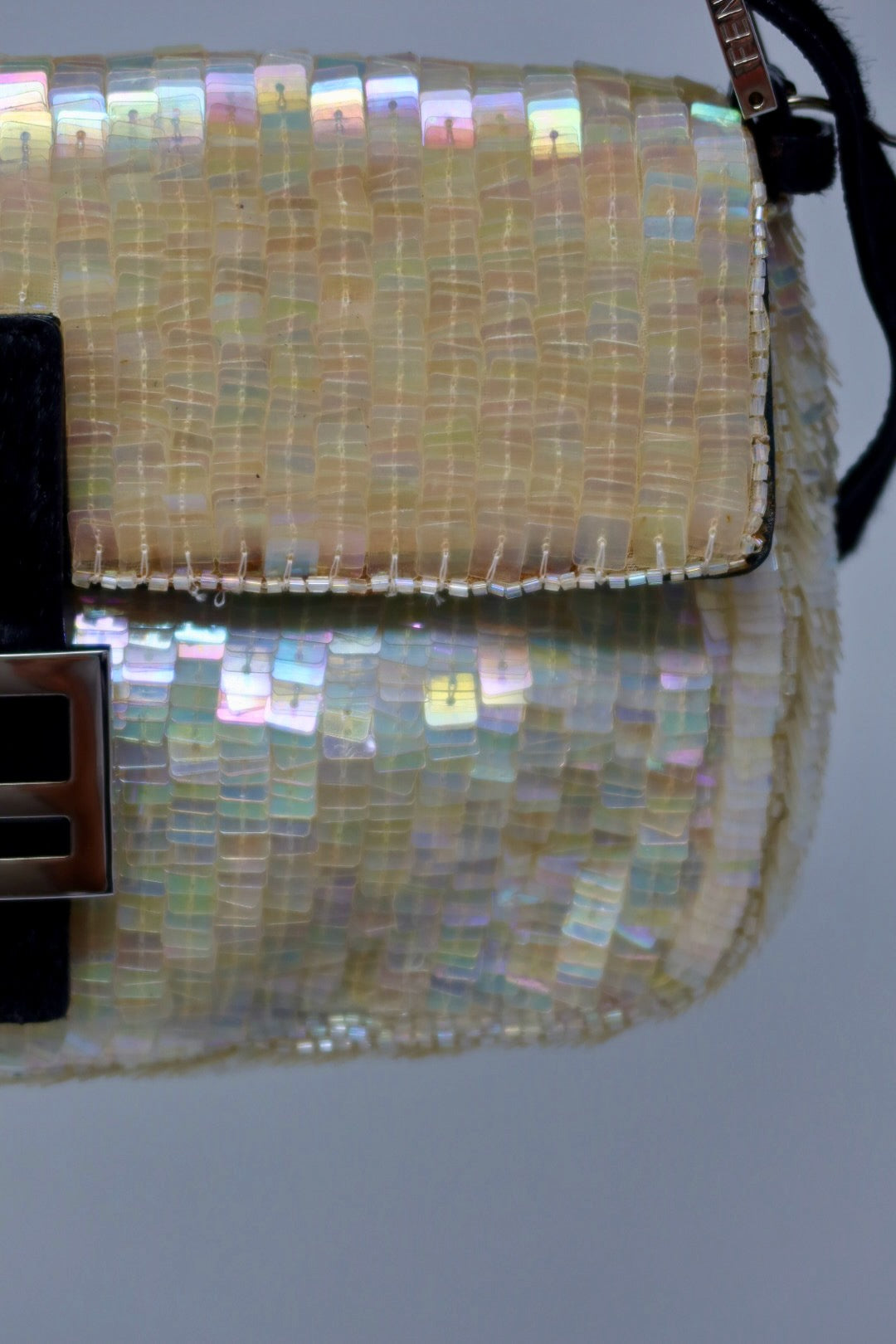 Fendi 1990's Cream Sequin Baguette Bag Ponyhair Trim