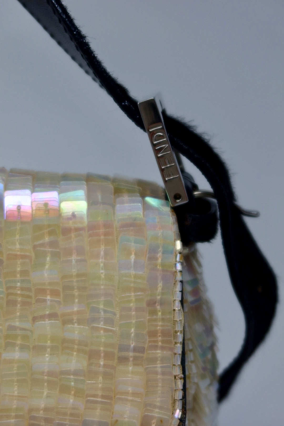 Fendi 1990's Cream Sequin Baguette Bag Ponyhair Trim