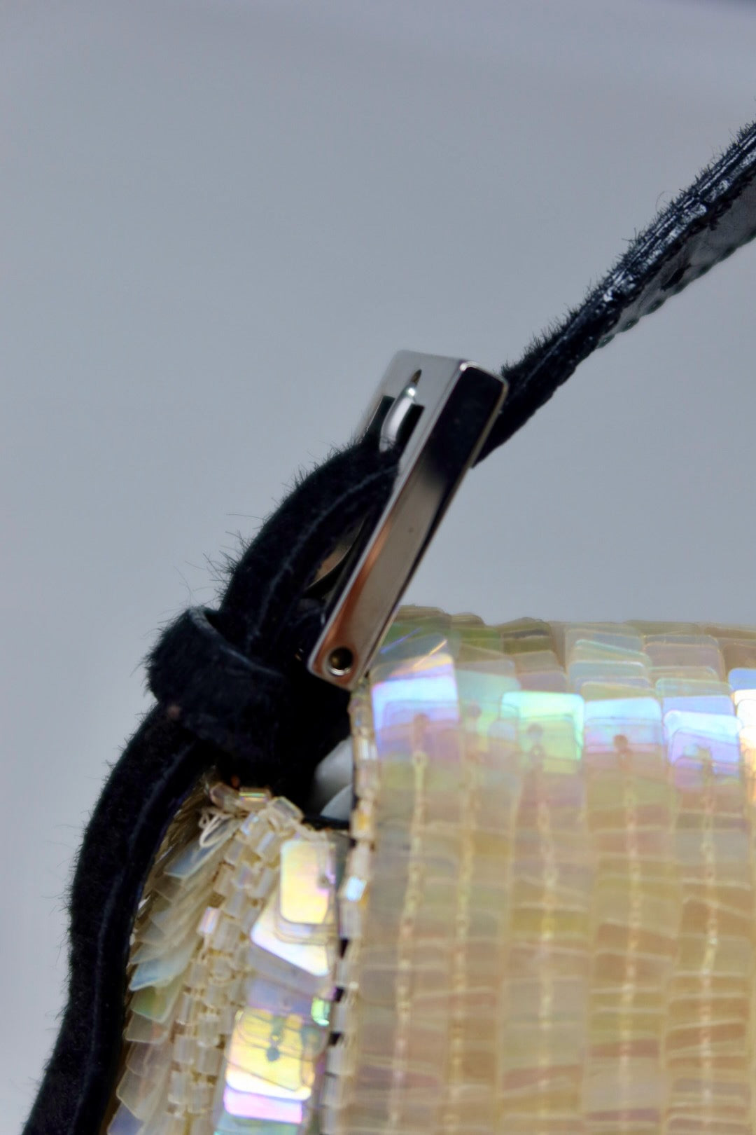Fendi 1990's Cream Sequin Baguette Bag Ponyhair Trim