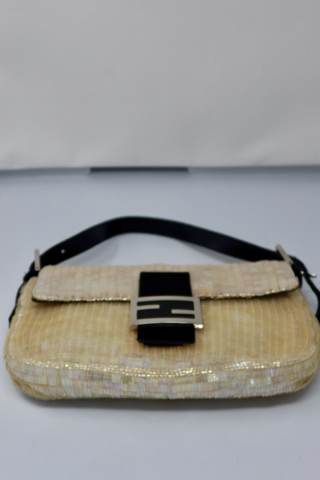 Fendi 1990's Cream Sequin Baguette Bag Ponyhair Trim