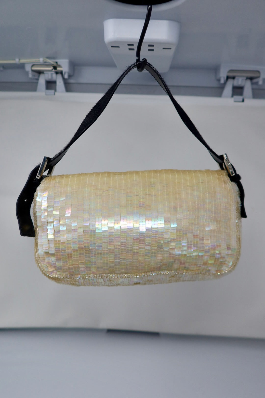 Fendi 1990's Cream Sequin Baguette Bag Ponyhair Trim