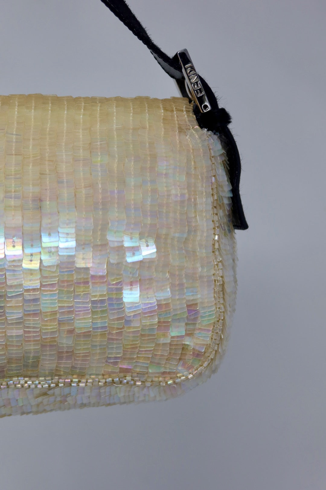 Fendi 1990's Cream Sequin Baguette Bag Ponyhair Trim