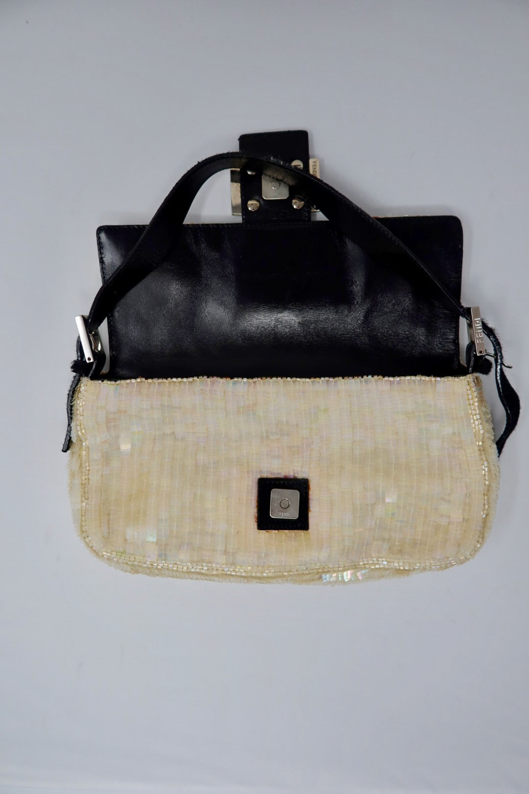 Fendi 1990's Cream Sequin Baguette Bag Ponyhair Trim