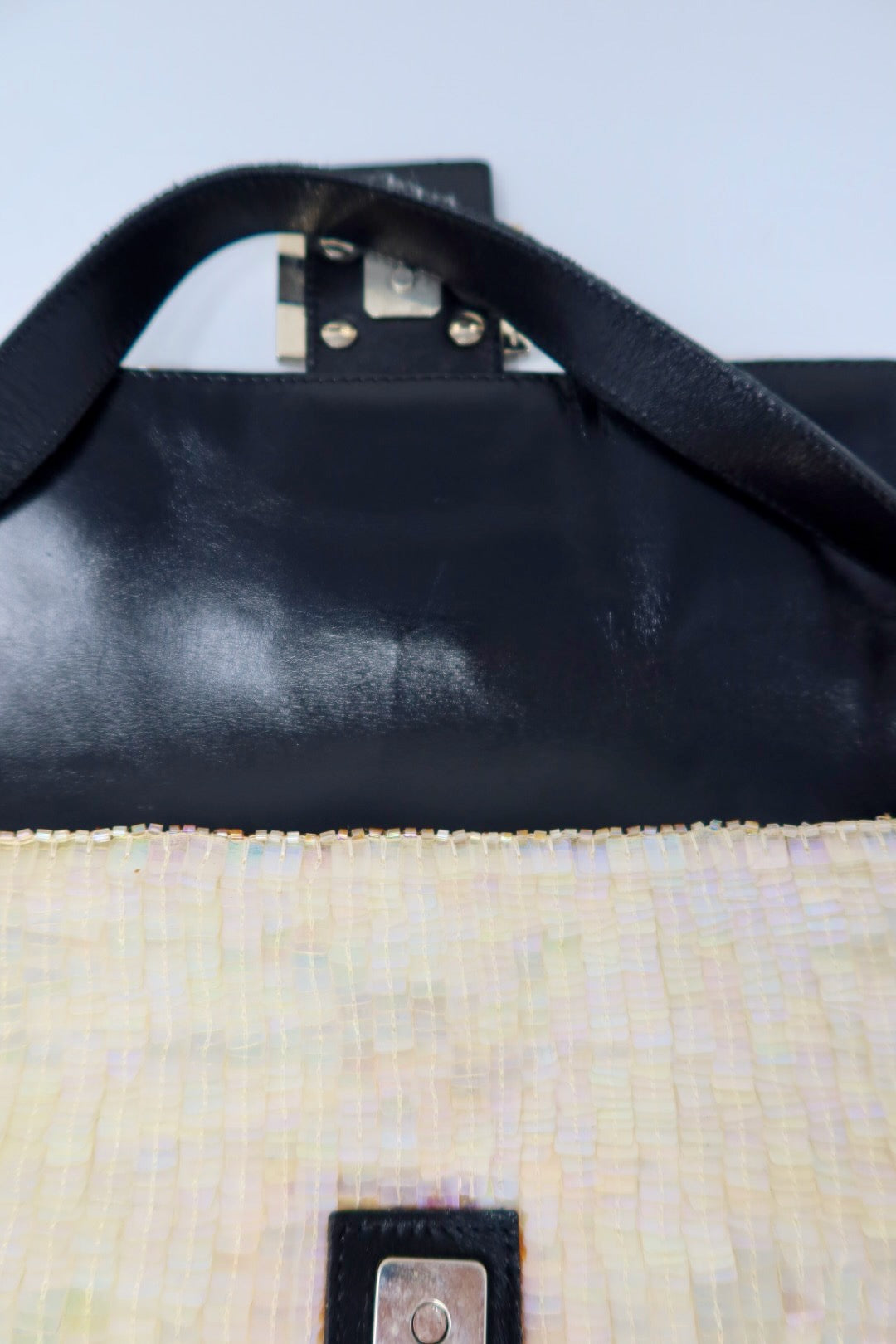 Fendi 1990's Cream Sequin Baguette Bag Ponyhair Trim