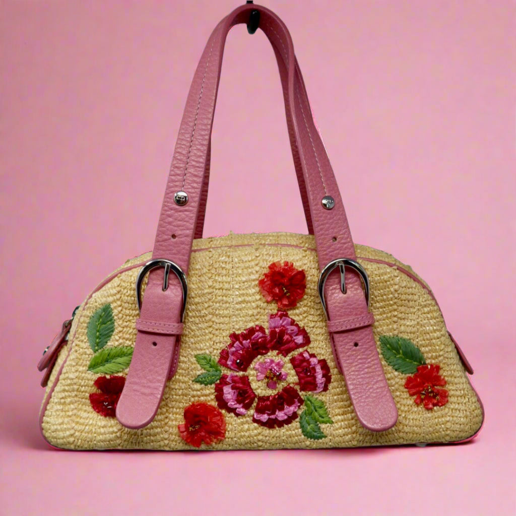 Christian Dior Leather Raffia Straw