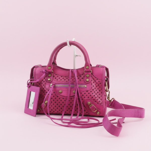 Balenciaga Perforated Mini City Bag in Pink Leather