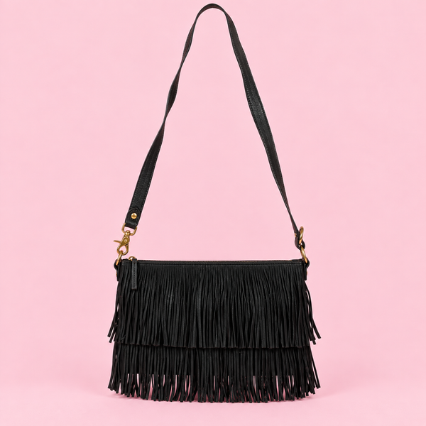 Tory Burch Black Leather Tiered Fringe Shoulder Bag