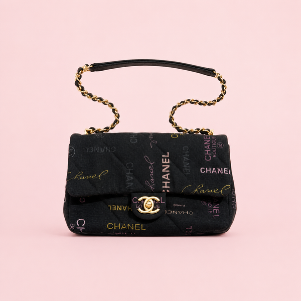 Chanel Black Denim Logo Print Quilted Flap Shoulder Bag Gold CC