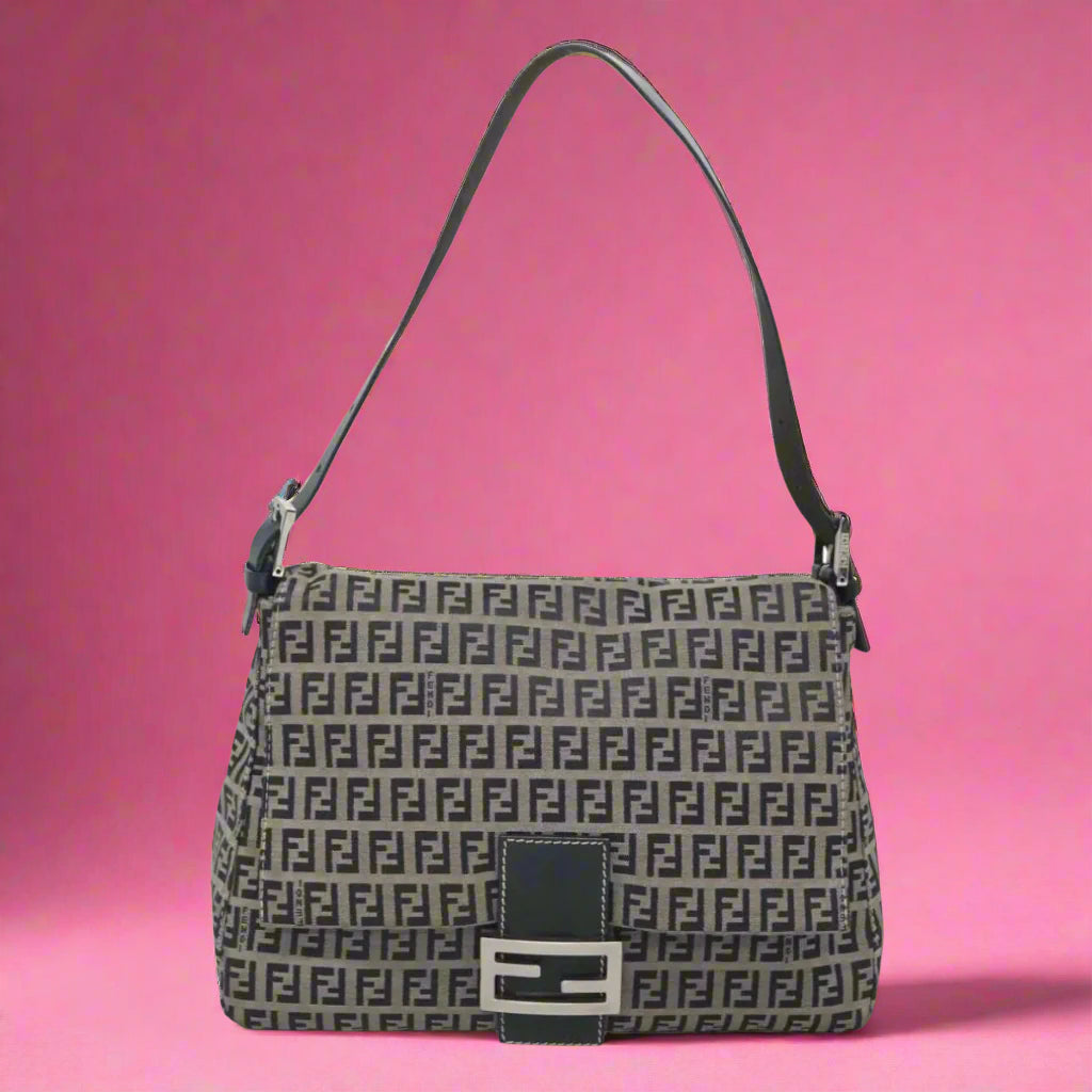 Fendi Zucchino Canvas Mamma Baguette Shoulder Bag Navy