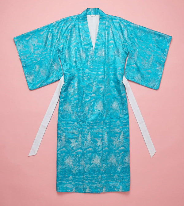 Turquoise Blue Patterned Robe with White Ties