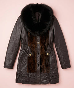 Dark Brown Leather Fur-Trimmed Coat