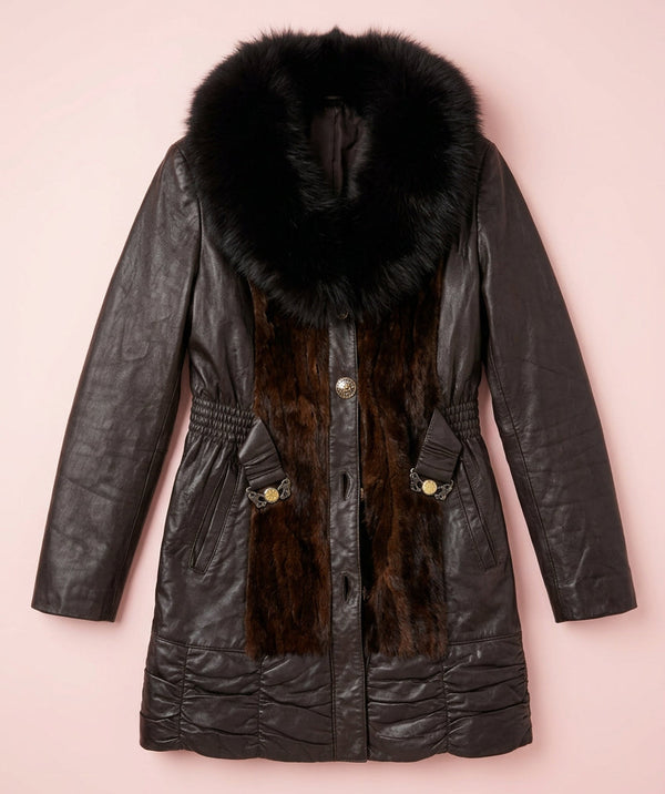 Dark Brown Leather Fur-Trimmed Coat