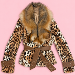 Vintage Leopard Print Rabbit Fur Jacket with Fox Fur Collar