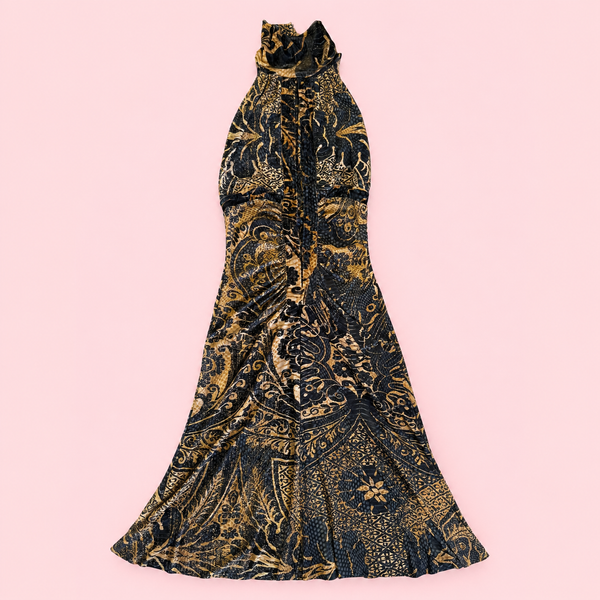 Roberto Cavalli Fall/Winter 2006 Indigo & Gold Python Print Silk Jersey Halter Gown