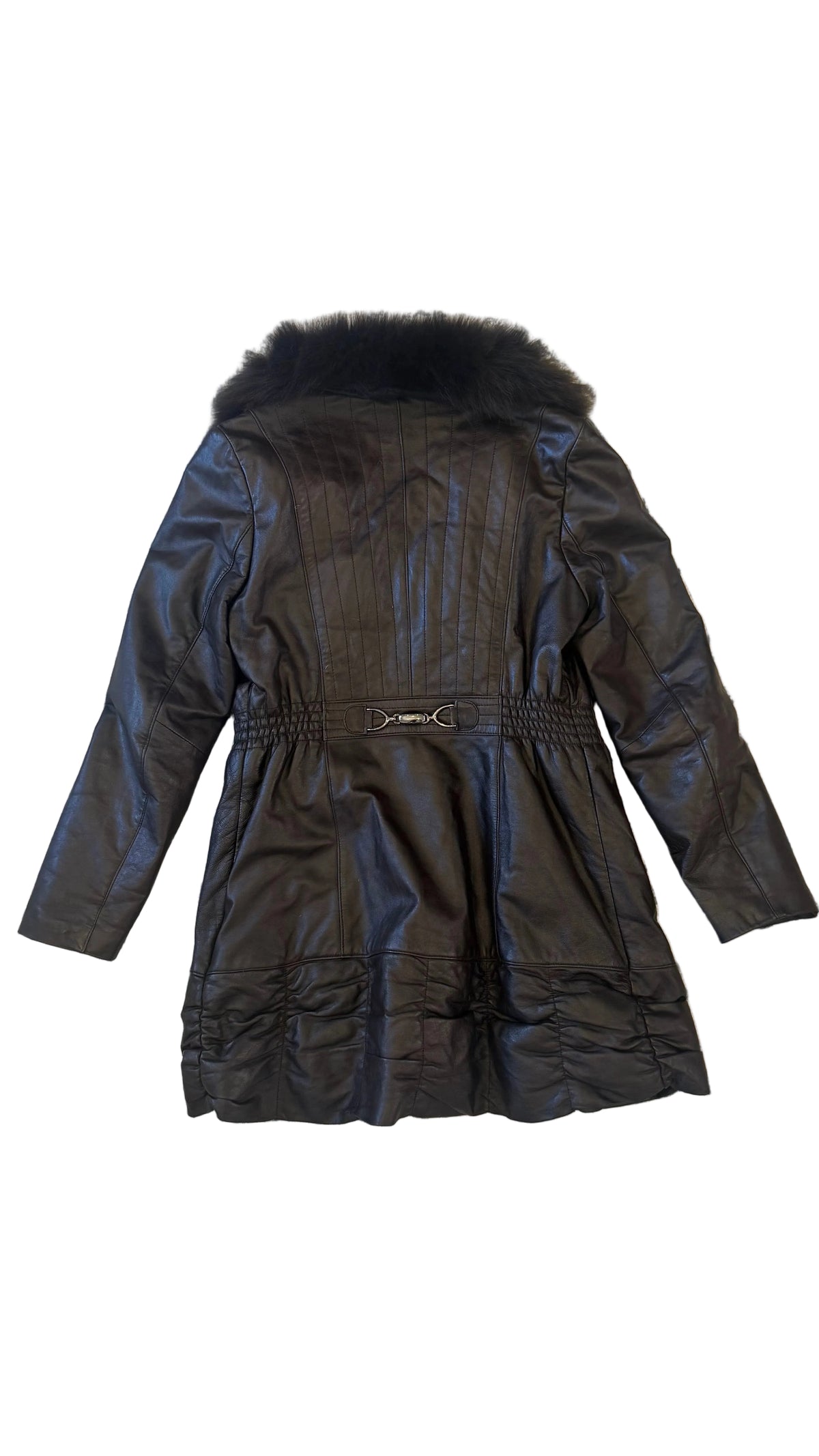 Dark Brown Leather Fur-Trimmed Coat - back