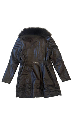 Dark Brown Leather Fur-Trimmed Coat - back
