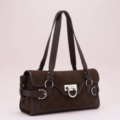 Salvatore Ferragamo Gancini Monogram Shoulder Bag Brown Suede