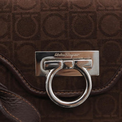 Salvatore Ferragamo Gancini Monogram Shoulder Bag Brown Suede