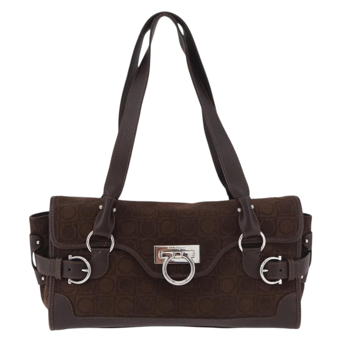 Salvatore Ferragamo Gancini Monogram Shoulder Bag Brown Suede