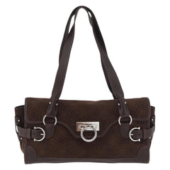 Salvatore Ferragamo Gancini Monogram Shoulder Bag Brown Suede