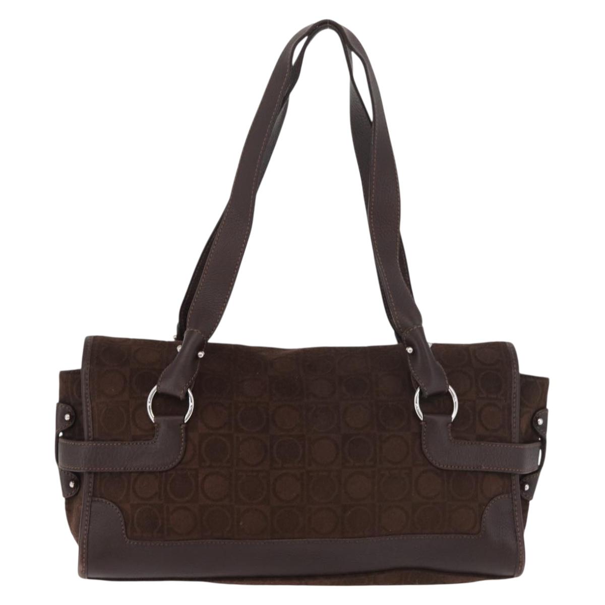 Salvatore Ferragamo Gancini Monogram Shoulder Bag Brown Suede