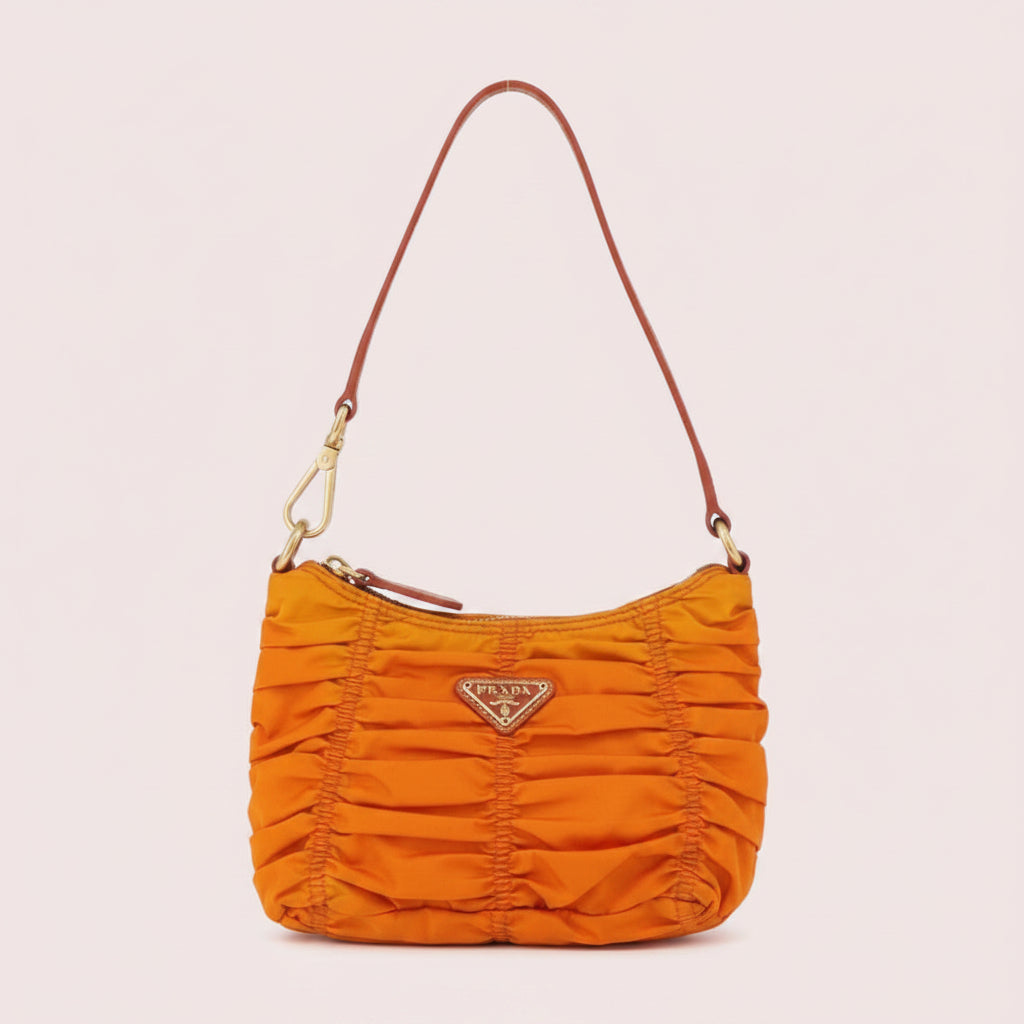 Prada Gathered Shoulder Bag Nylon Orange