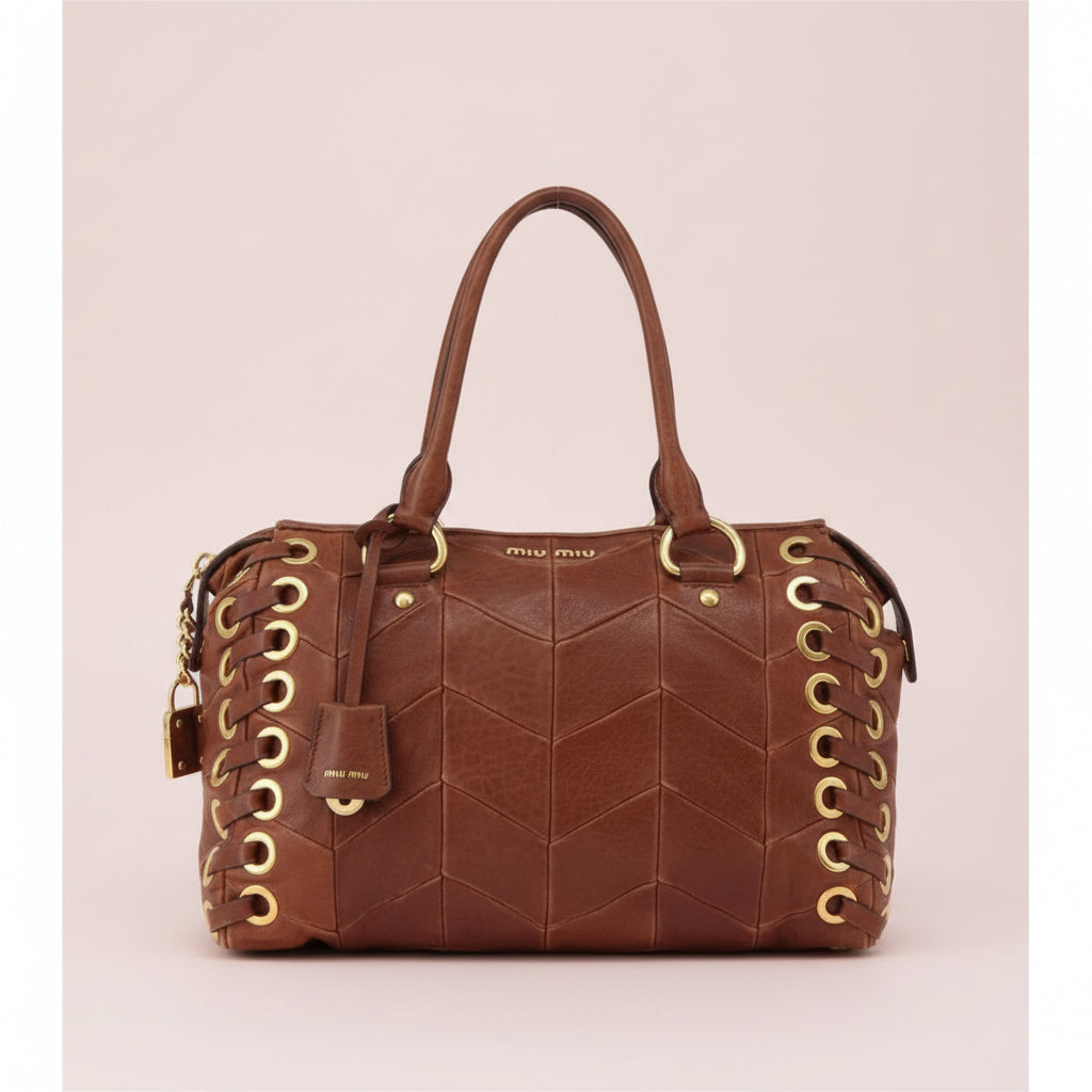 Miu Miu Brown Matelasse Leather Grommet Tote