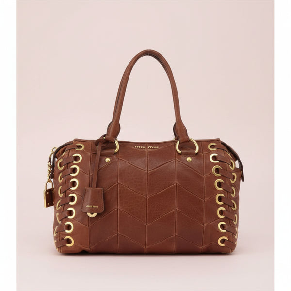 Miu Miu Brown Matelasse Leather Grommet Tote