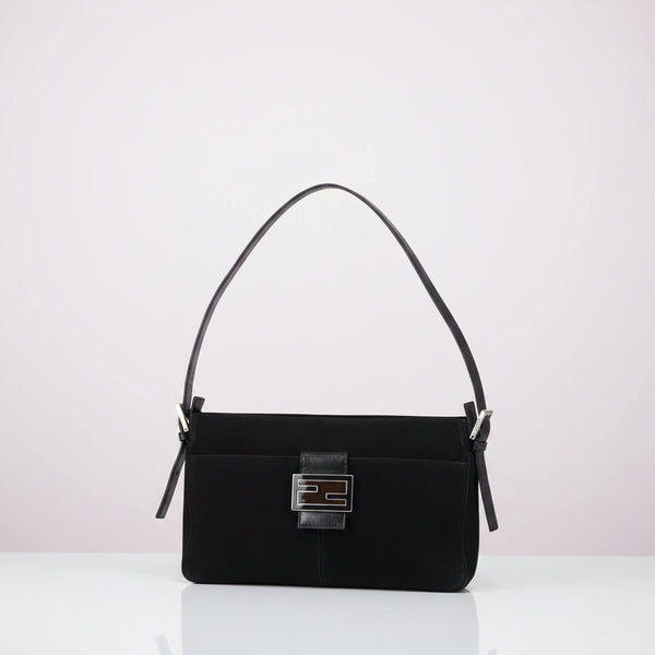 Fendi Mamma Baguette Shoulder Bag Suede Black