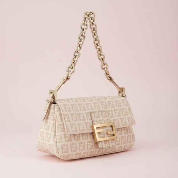 Fendi Zucchino Beige Canvas Chain Mamma Baguette