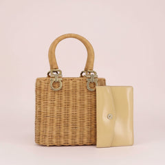 Salvatore Ferragamo Gancini Basket Bag Hand Bag Rattan Brown Gold Auth 185663V