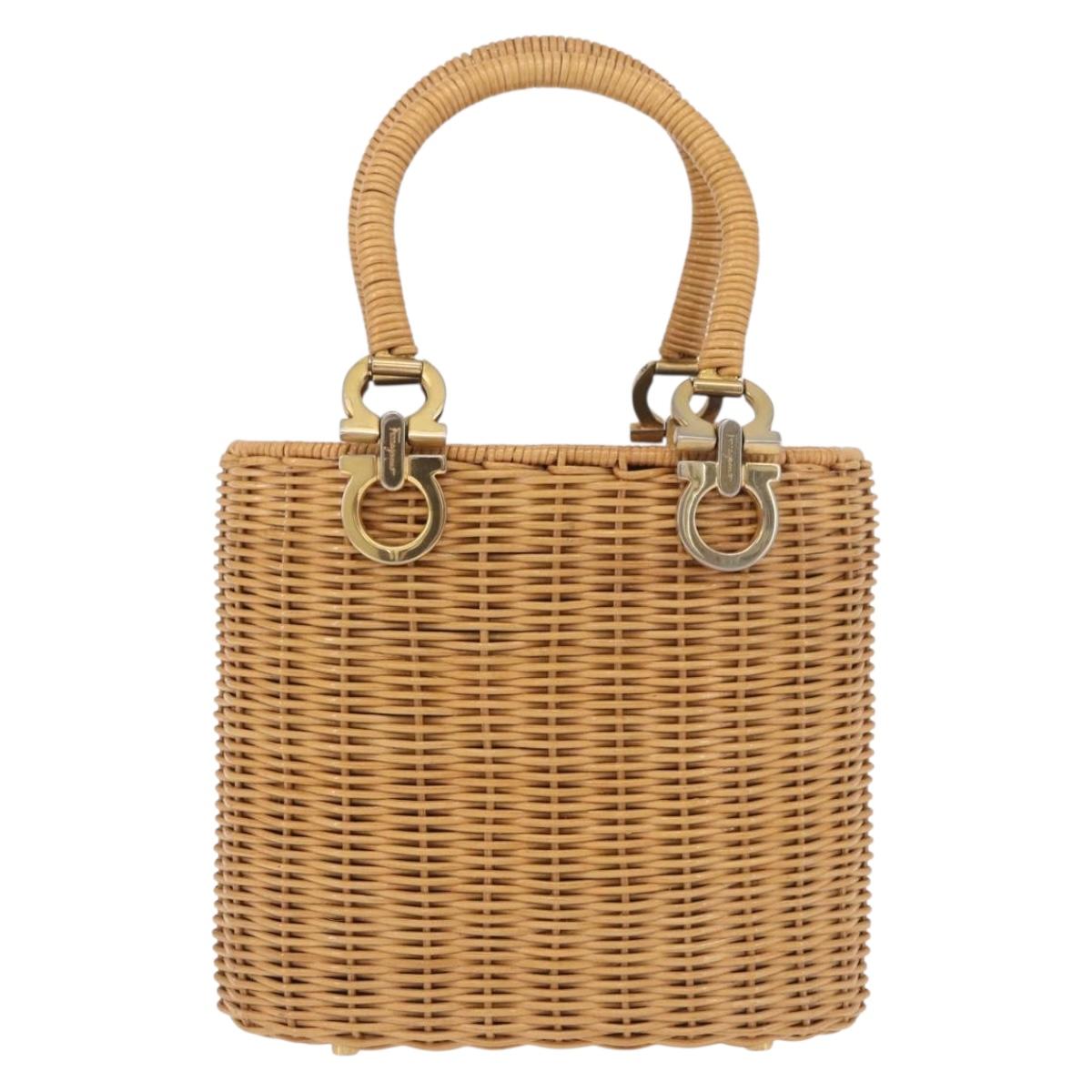 Salvatore Ferragamo Gancini Basket Bag Hand Bag Rattan Brown Gold Auth 185663V