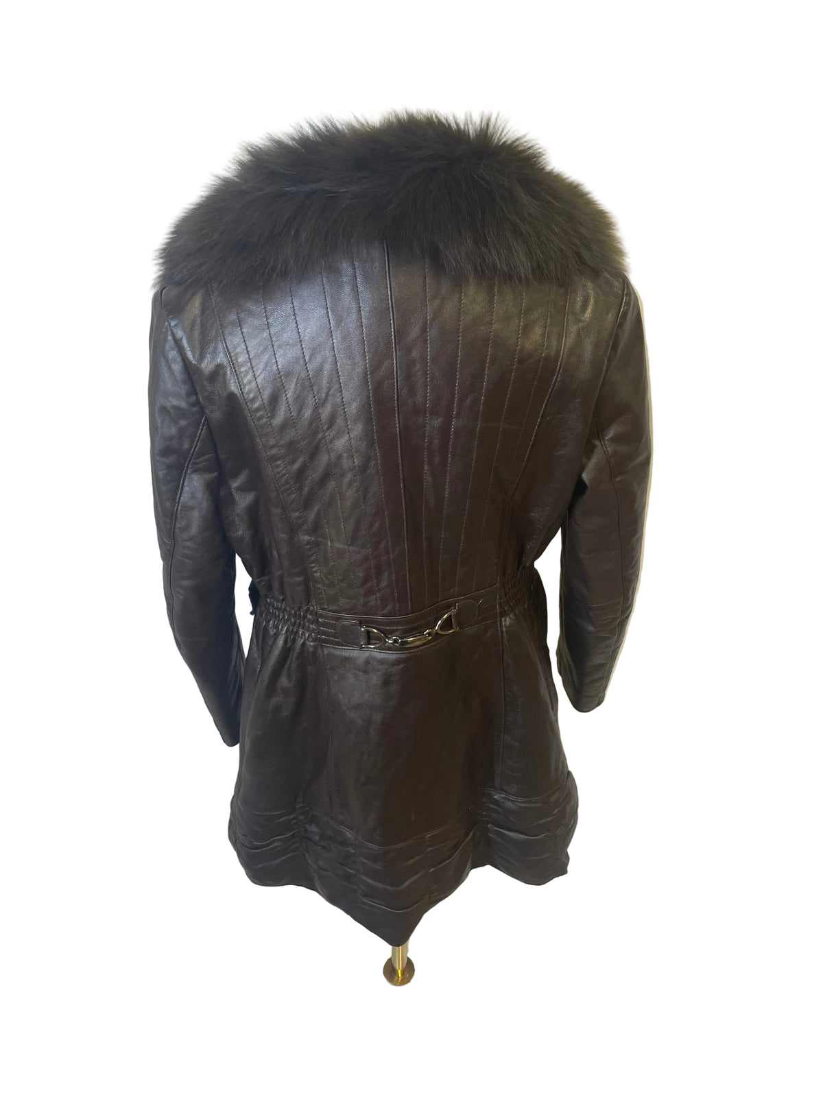 Dark Brown Leather Fur-Trimmed Coat - back