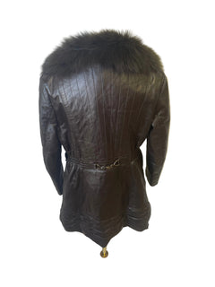 Dark Brown Leather Fur-Trimmed Coat - back