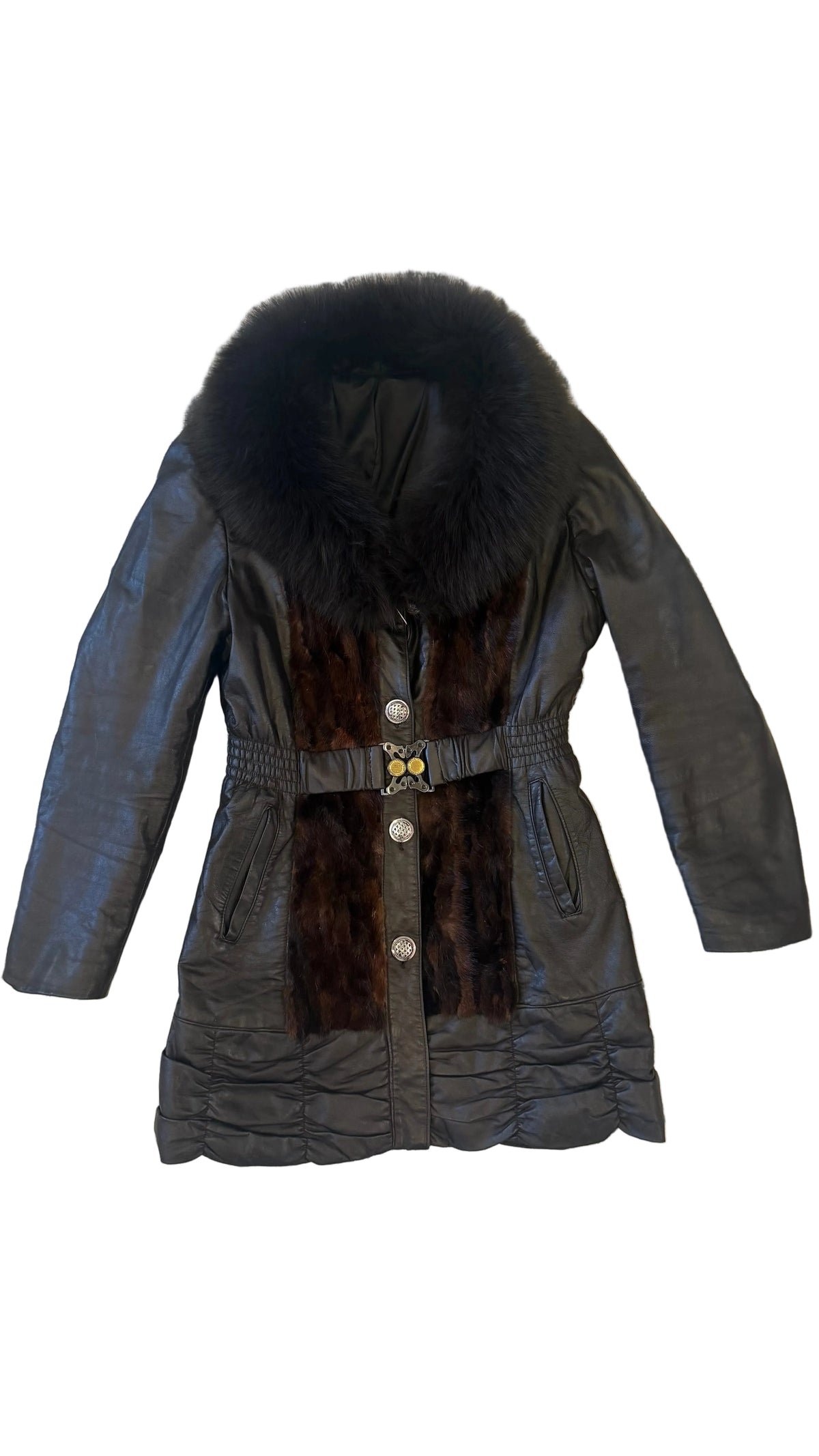 Dark Brown Leather Fur-Trimmed Coat - front
