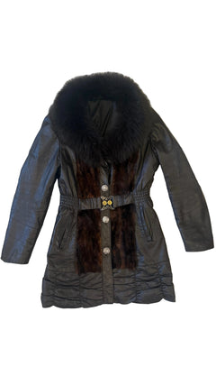 Dark Brown Leather Fur-Trimmed Coat - front