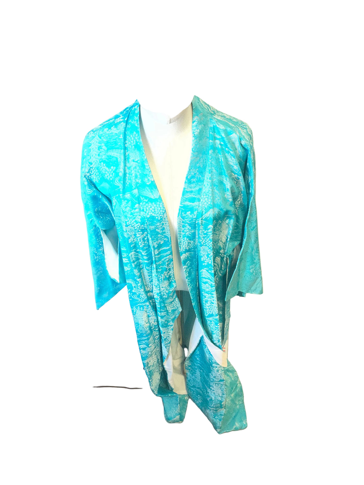 Turquoise Blue Patterned Robe with White Ties - front