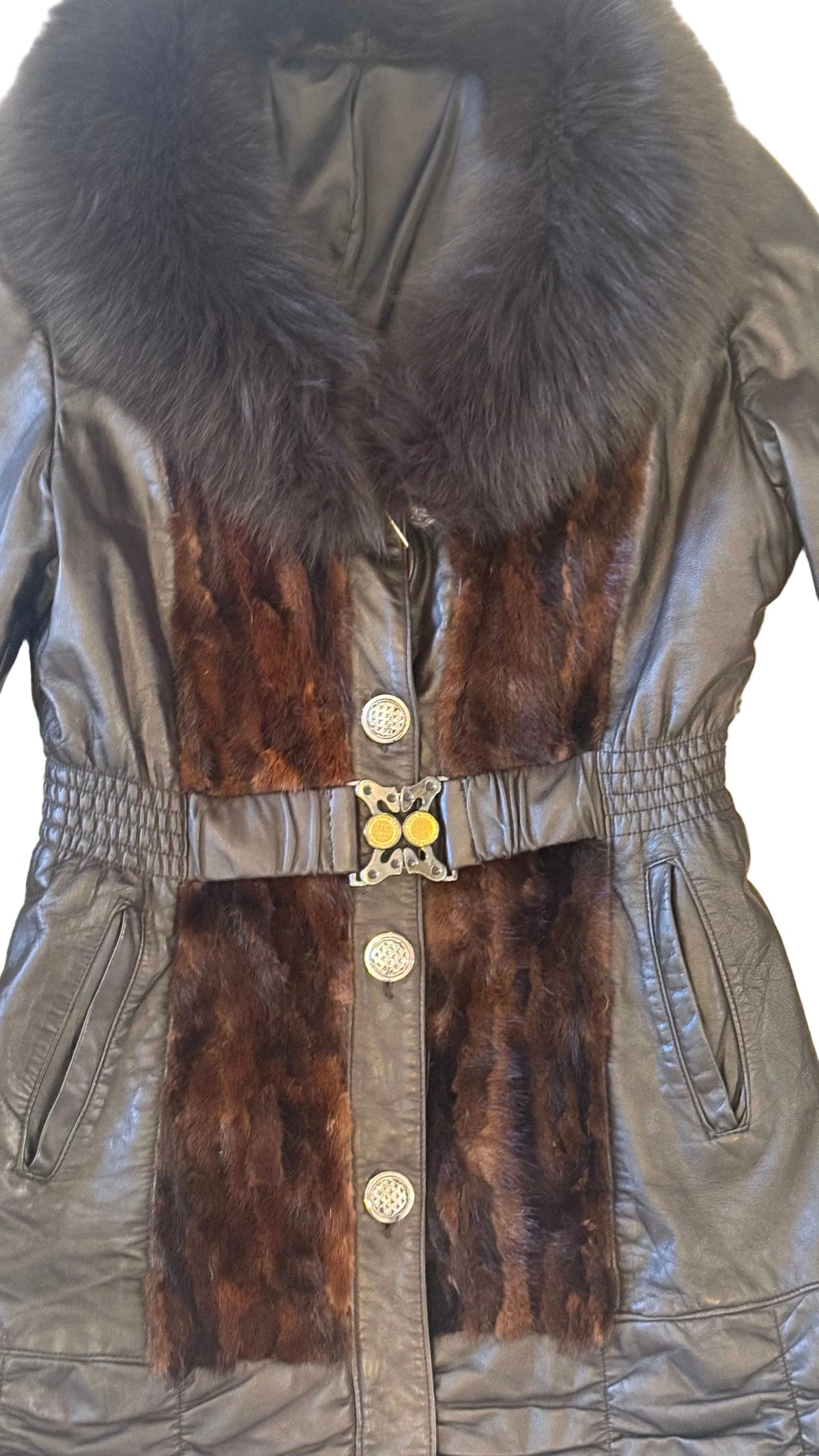 Dark Brown Leather Fur-Trimmed Coat - collar detail