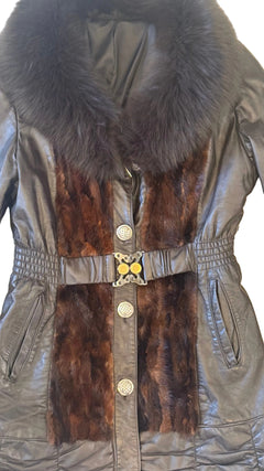 Dark Brown Leather Fur-Trimmed Coat - collar detail