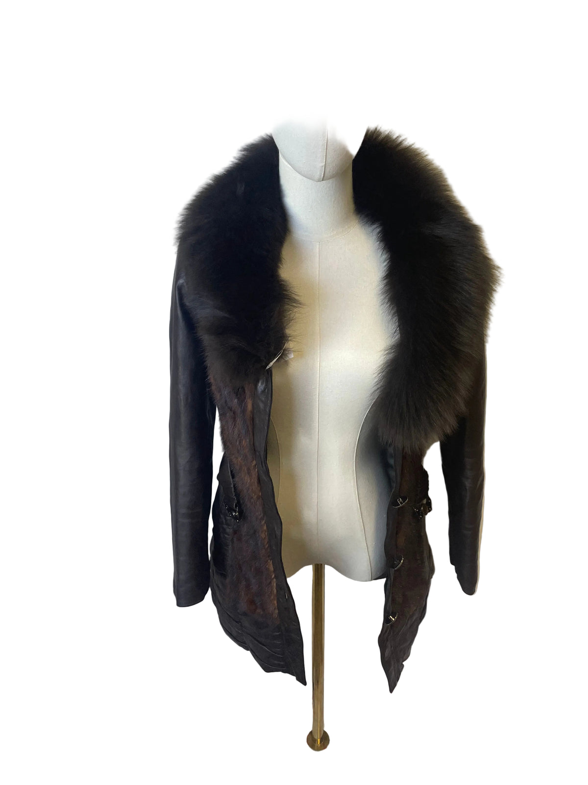 Dark Brown Leather Fur-Trimmed Coat - front