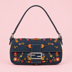 Fendi Floral Beaded Denim Baguette Bag