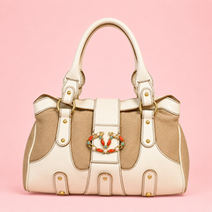 Valentino Garavani Beige Leather and Canvas Shoulder Bag