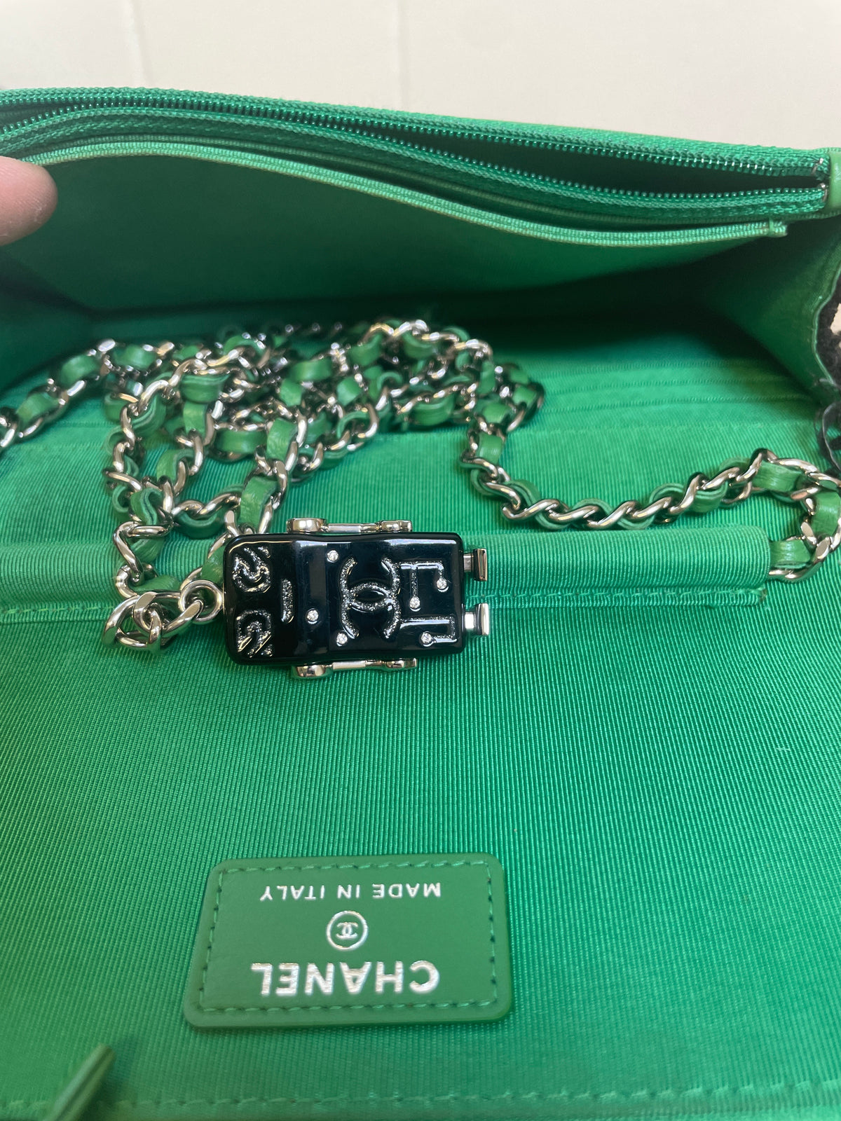 CHANEL Black Fringed Tweed Flap Wallet on Chain (WOC)
