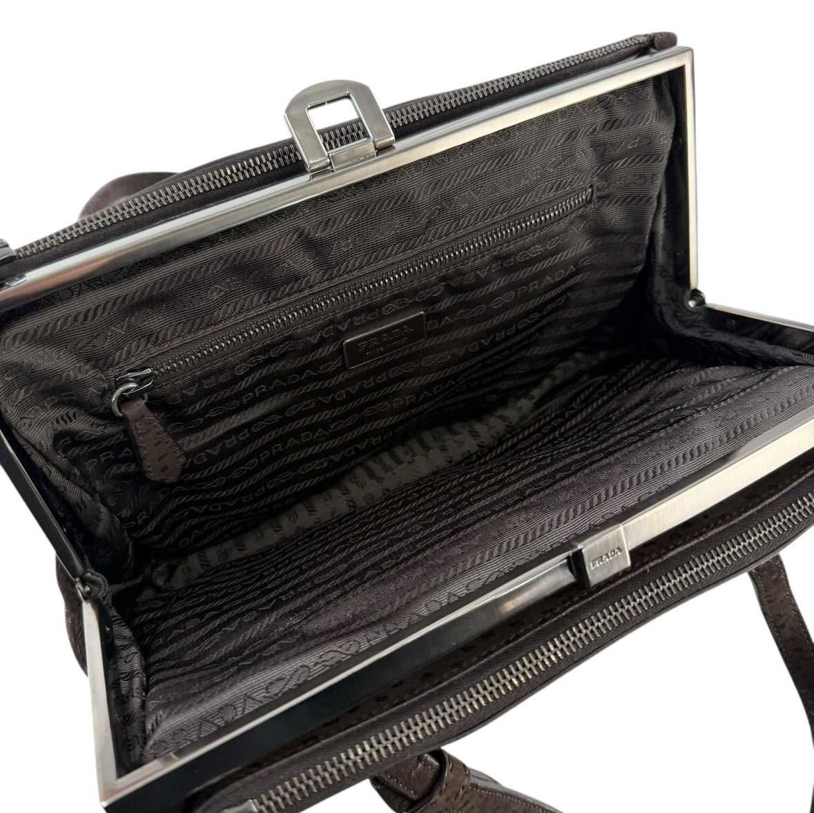 Prada Dark Brown Textured Suede Frame Handbag