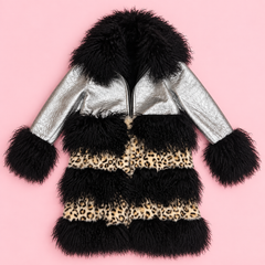 Metallic Silver, Cheetah Print & Black Shearling Long Coat