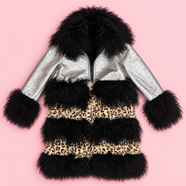 Metallic Silver, Cheetah Print & Black Shearling Long Coat