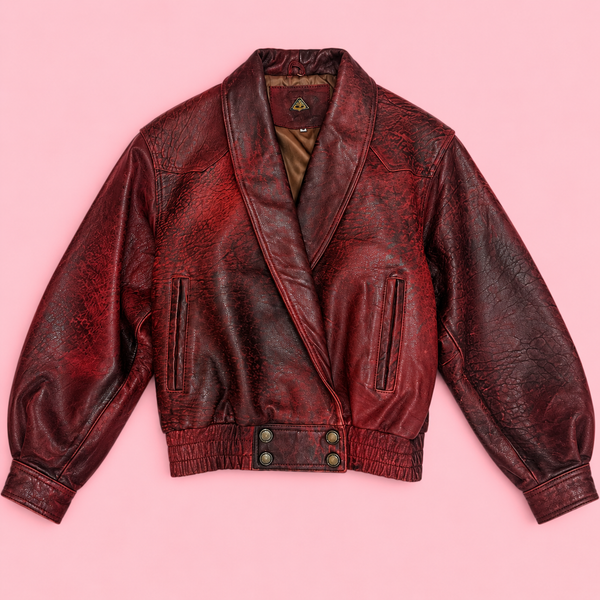 Distressed Burgundy Red Leather Bomber Jacket