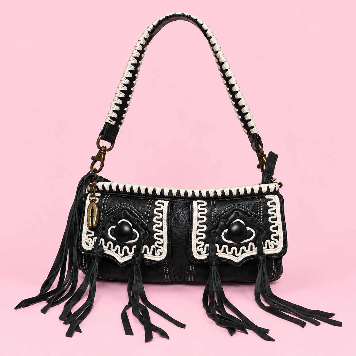 Betsey Johnson Black & White Whipstitch Fringe Mini Shoulder Bag