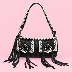 Betsey Johnson Black & White Whipstitch Fringe Mini Shoulder Bag