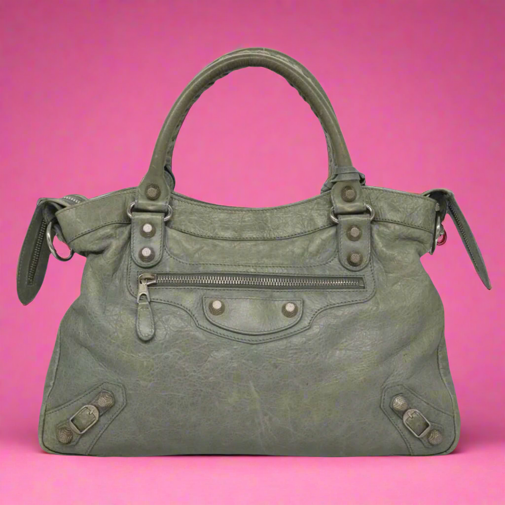 Balenciaga Giant City Hand Bag Leather Light Blue Silver